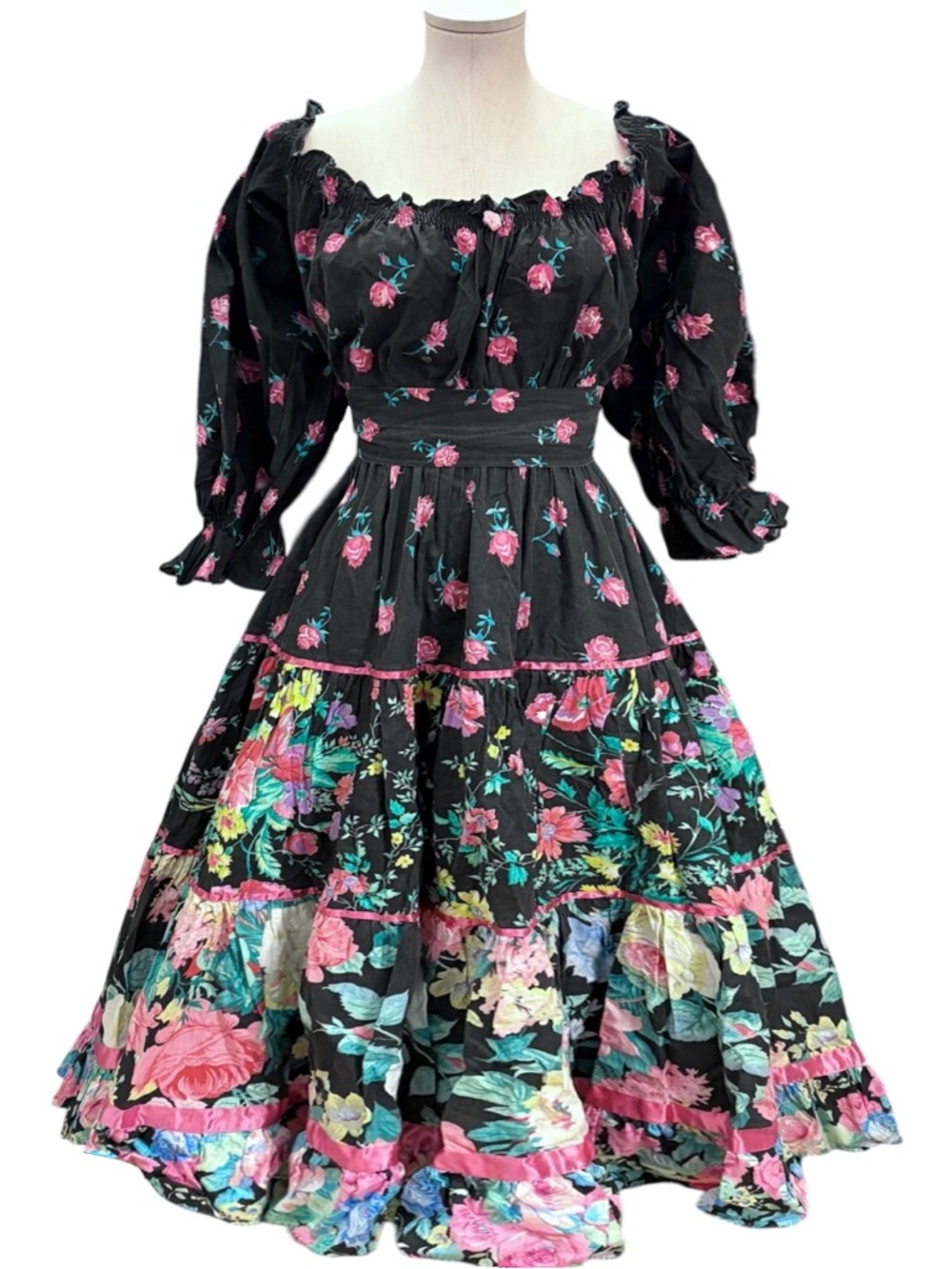 ANNA KONYA Vintage 70s Black & Pink Floral Cotton Cottagecore Boho Dress OSFM